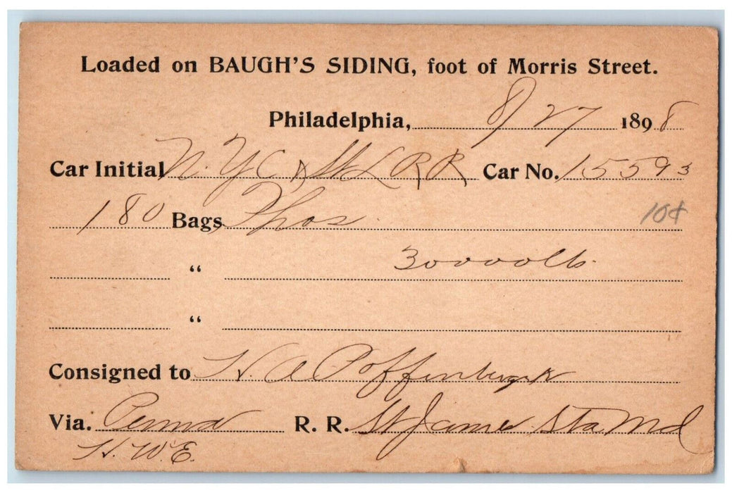 1898 Loaded on Baugh's Siding Philadelphia Pennsylvania PA Postal Card
