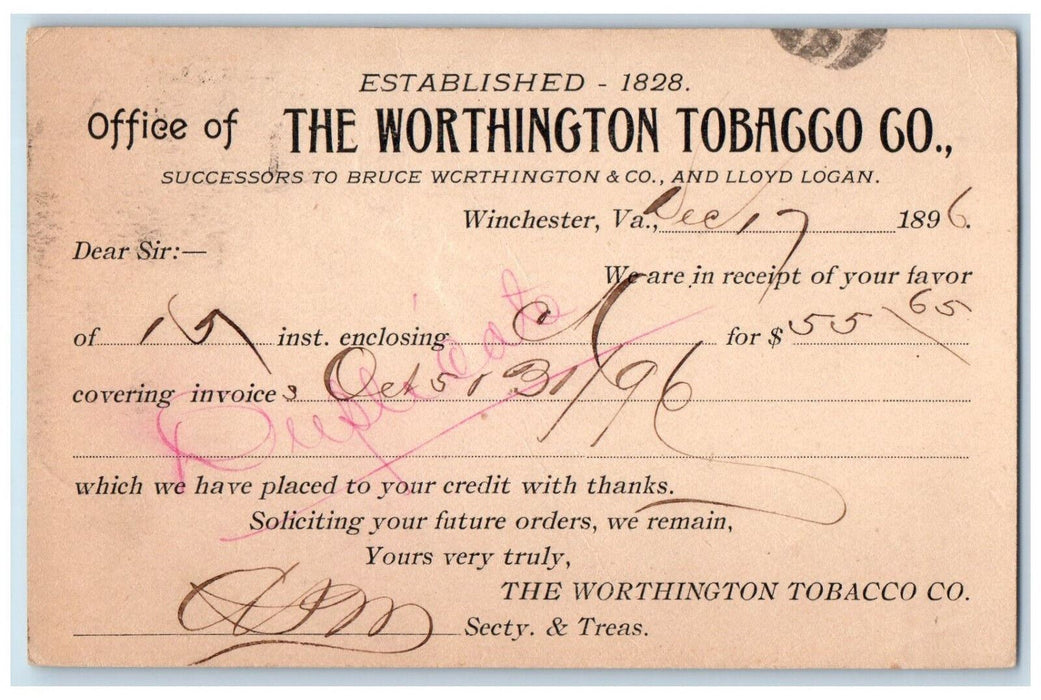 1897 The Worthington Tobacco Co. Winchester VA Perryville VA Postal Card