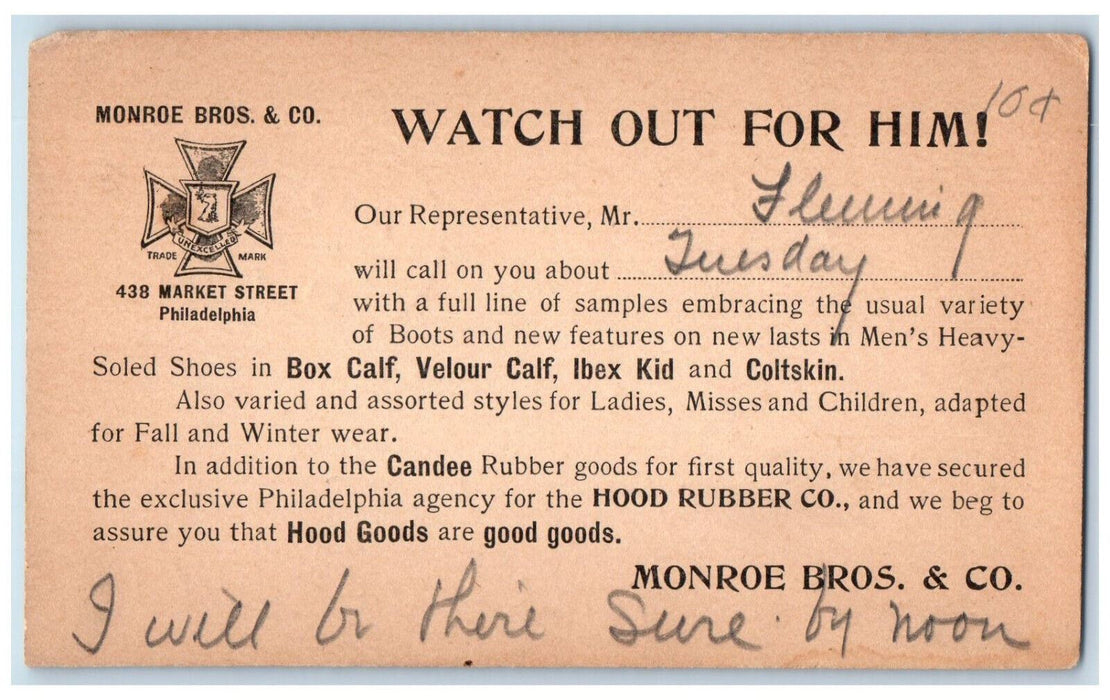 1901 Monroe Bros & Co Rubber Goods Box Calf Salesman Philadelphia PA Postal Card