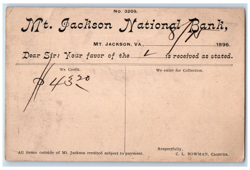 1886 Mt. Jackson National Bank Mt. Jackson Virginia VA Posted Postal Card