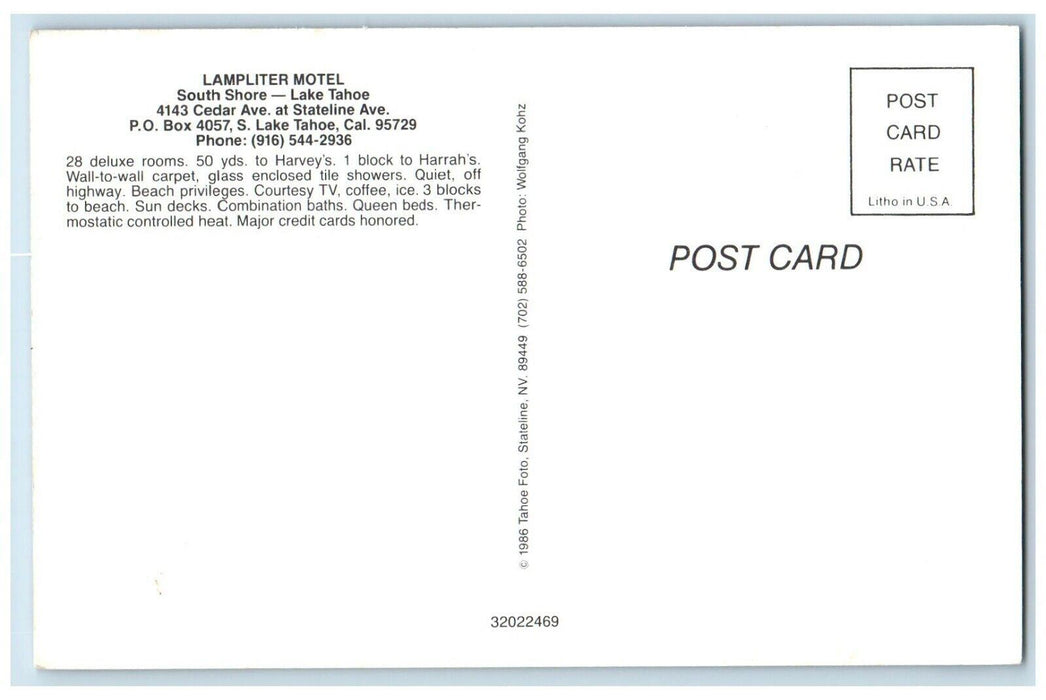 1960 Lampliter Motel South Shore Exterior Parking Lake Tahoe California Postcard