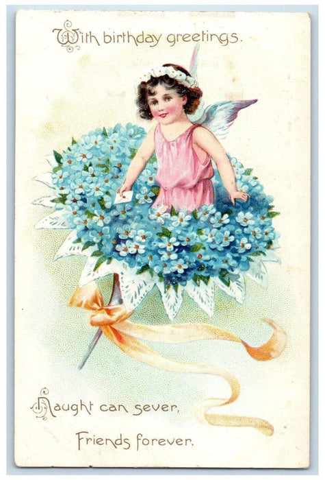 Birthday Greetings Angel In Pansies Flowers Bouquet Tuck's Embossed Postcard