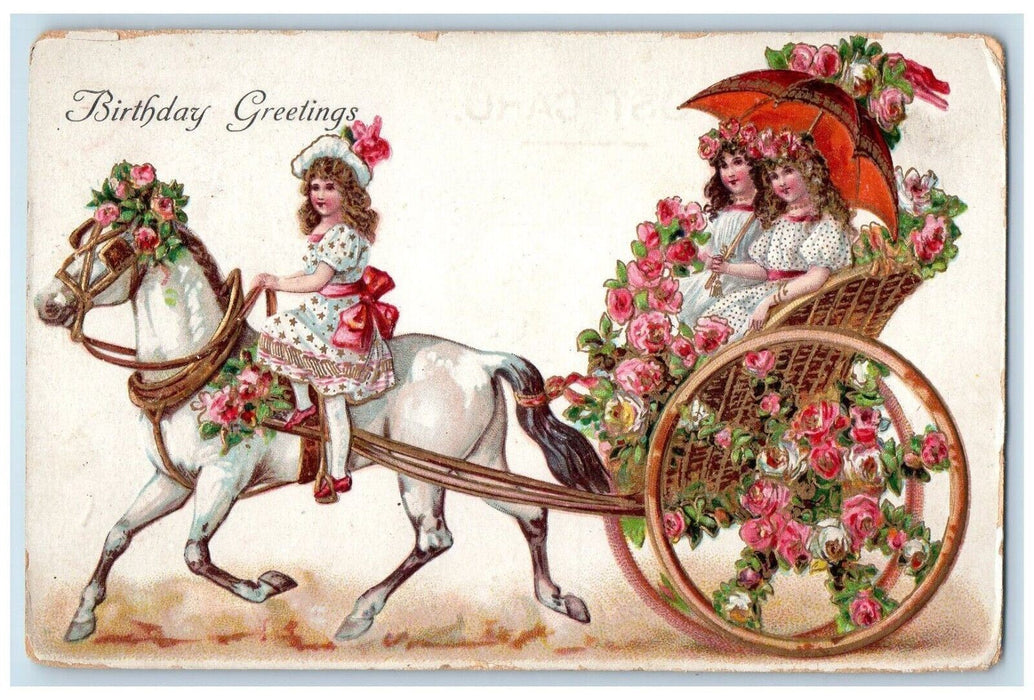 c1910's Birthday Greetings Girls Riding Horse Carriage Embossed Antique Postcard