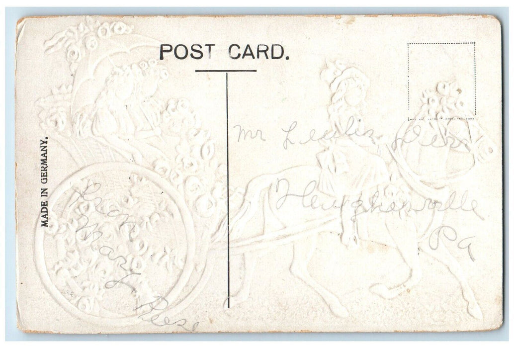 c1910's Birthday Greetings Girls Riding Horse Carriage Embossed Antique Postcard