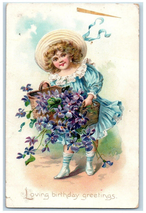 c1910's Birthday Greetings Pretty Girl Pansies Flowers In Basket Tuck's Postcard