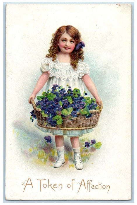 Valentine Token Of Affection Pretty Girl Pansies Flowers Basket Tuck's Postcard