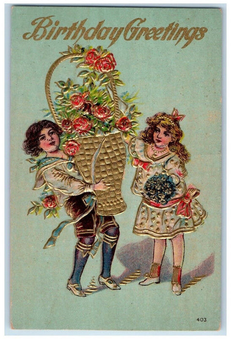 1910 Birthday Greetings Boy Carrying Basket With Flowers Richwood OH Postcard