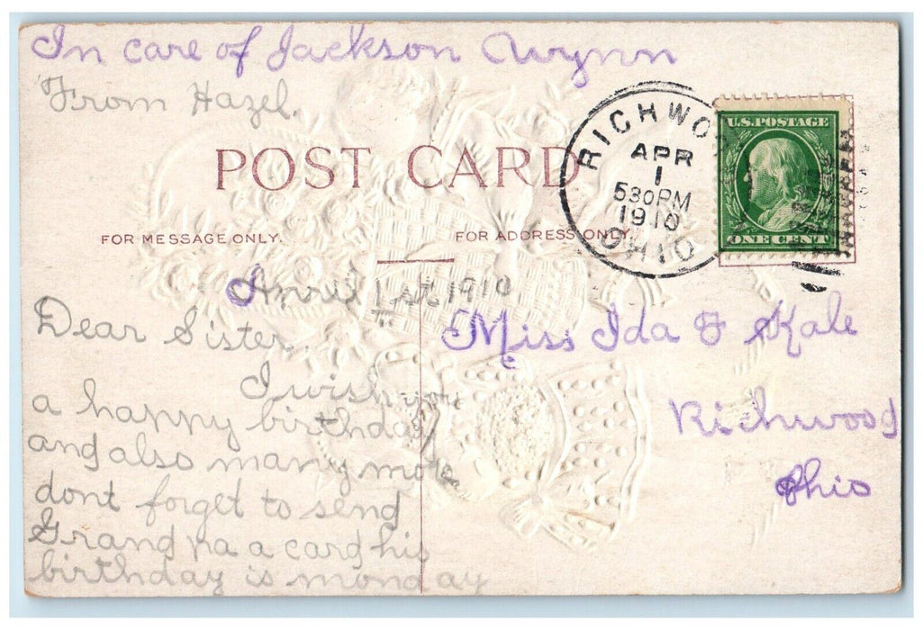 1910 Birthday Greetings Boy Carrying Basket With Flowers Richwood OH Postcard