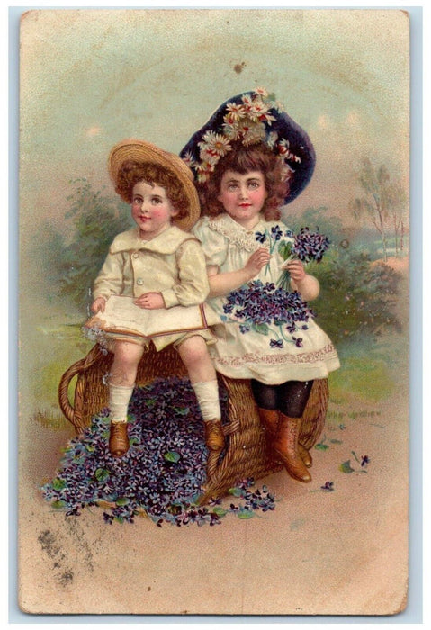 Birthday Greetings Children Sat On Basket Book Daisy Pansies Tuck's Postcard