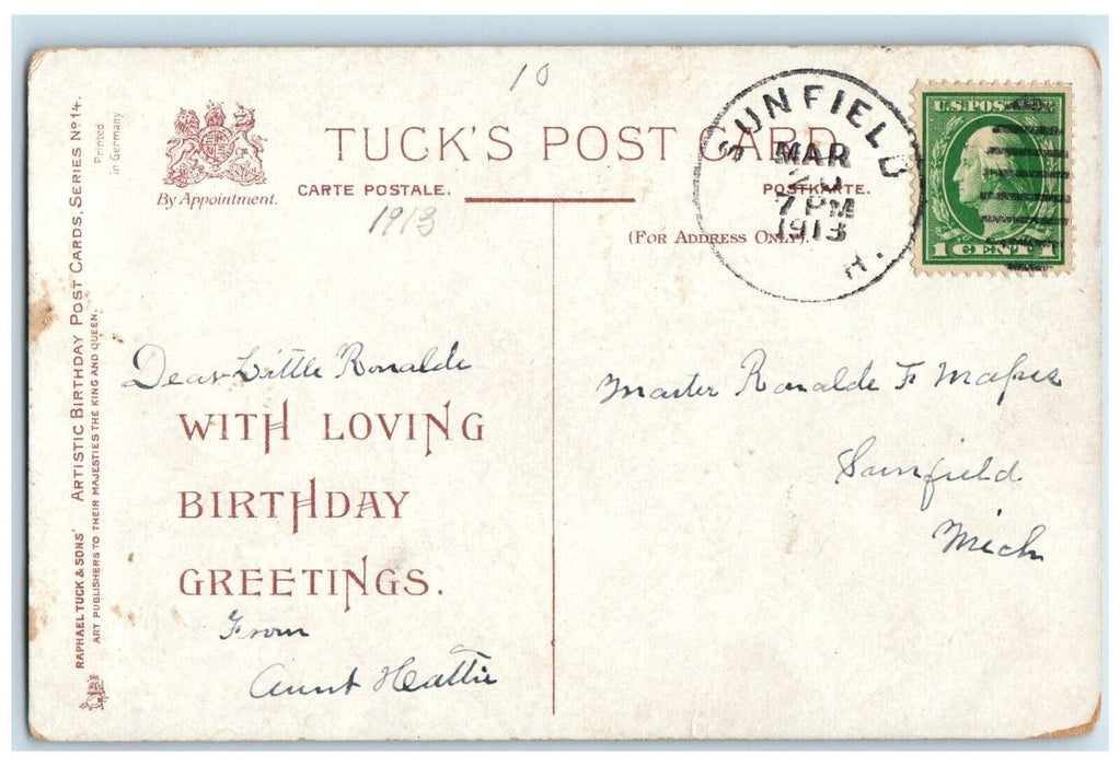Birthday Greetings Children Sat On Basket Book Daisy Pansies Tuck's Postcard