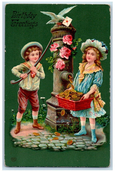 Birthday Greetings Children Hydrant Collecting Coins Flowers Dove Postcard