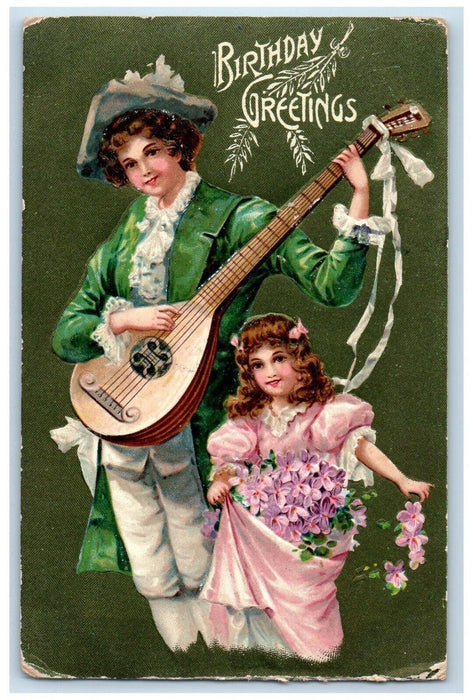 1910 Birthday Greetings Boy Playing Banjo Girl Pansies Flowers Embossed Postcard