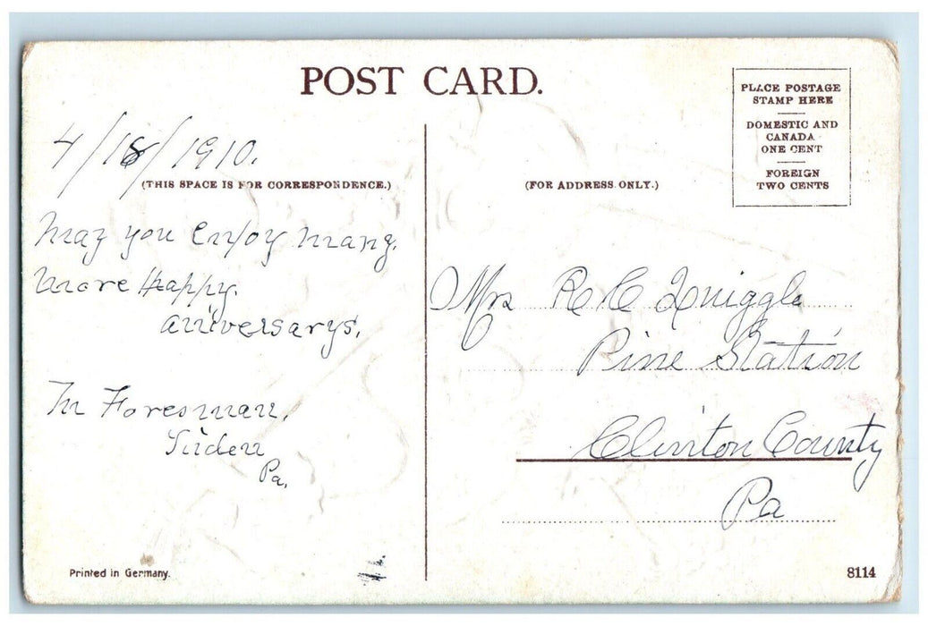 1910 Birthday Greetings Boy Playing Banjo Girl Pansies Flowers Embossed Postcard