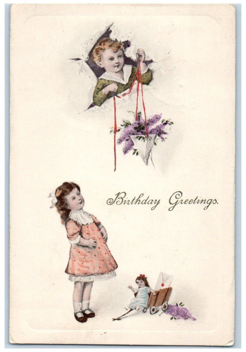 c1910's Birthday Greetings Children Hanging Flowers Pot Doll Toys Postcard