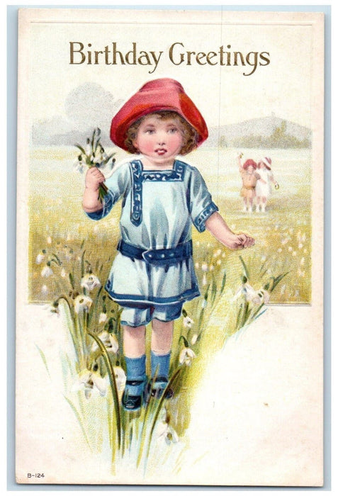 c1910's Birthday Greetings Little Girl Harvesting Flowers Embossed Postcard