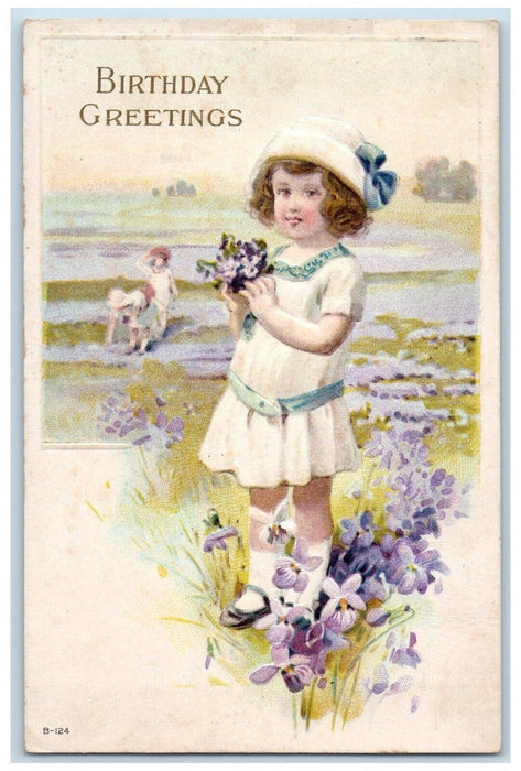 c1910's Birthday Greetings Children Flowers Picking Embossed Wyoming IA Postcard