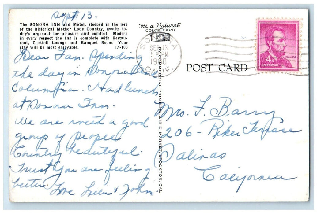 1960 Sonora Inn Motel Steeped Historical Mother Lode Country California Postcard
