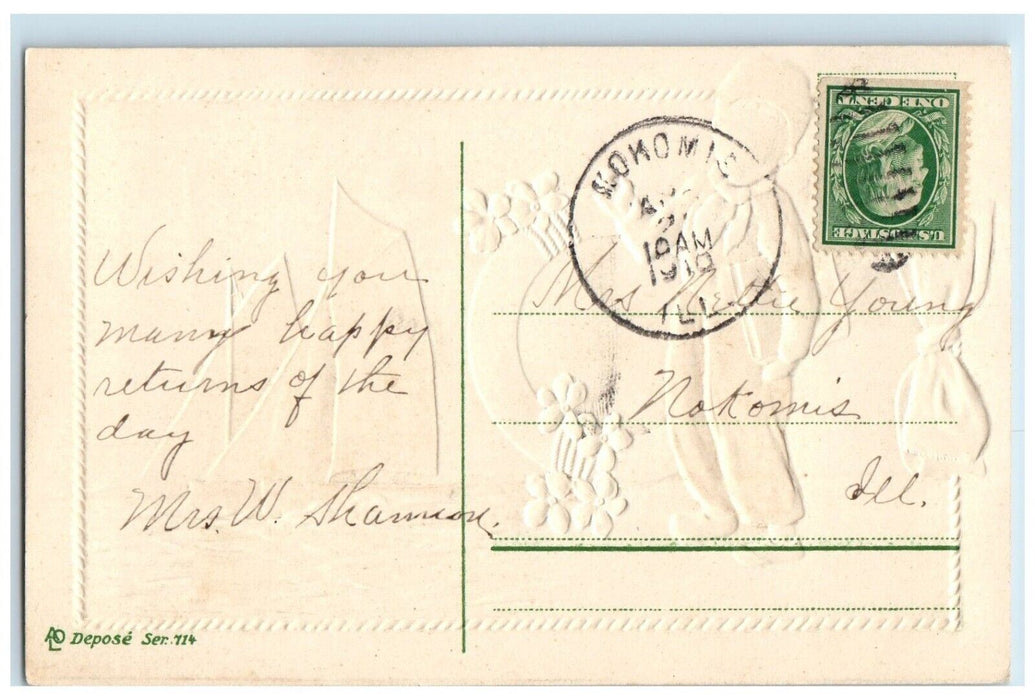 1910 Happy Birthday Dutch Boy Flowers Sailboat Embossed Nokomis IL Postcard