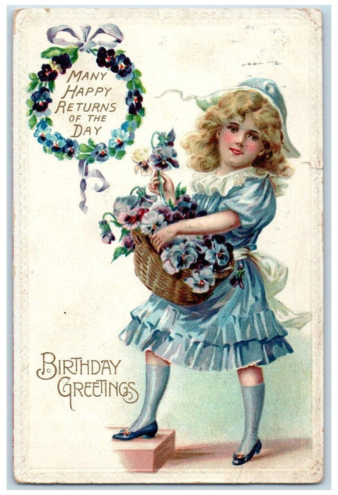 1911 Birthday Greetings Pretty Girl Pansies Whreat Basket Hailesboro NY Postcard