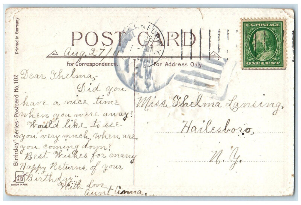 1911 Birthday Greetings Pretty Girl Pansies Whreat Basket Hailesboro NY Postcard