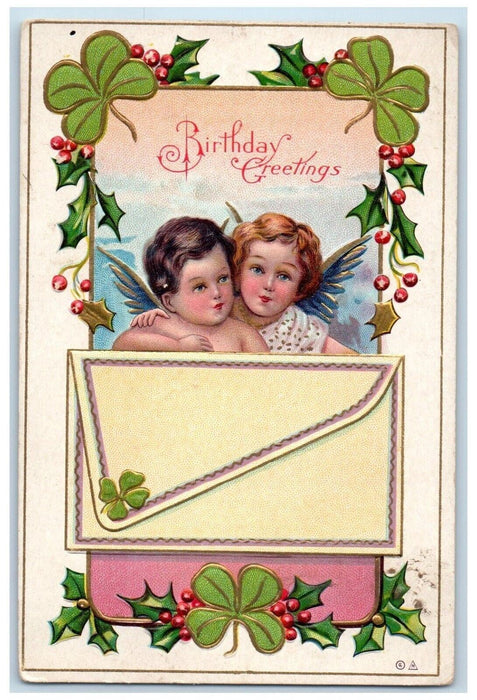 c1910's Birthday Greetings Angels Letter Berries Shamrock Embossed Postcard