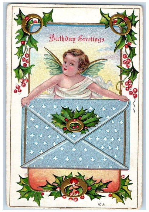 1911 Birthday Greetings Angel Letter Gold Ring Holly Berries Embossed Postcard