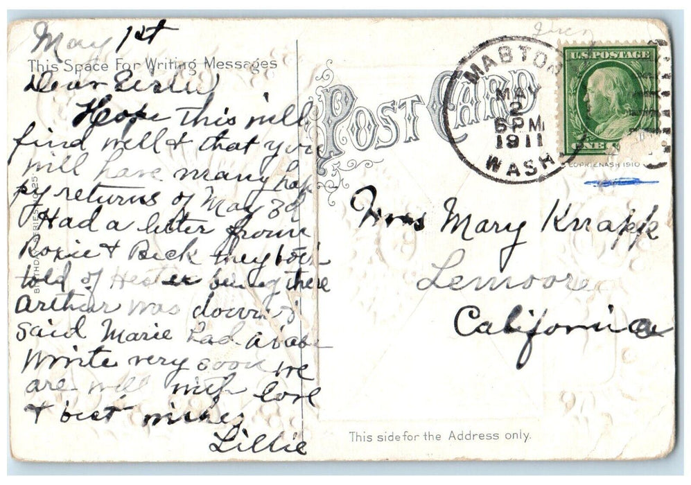 1911 Birthday Greetings Angel Letter Gold Ring Holly Berries Embossed Postcard