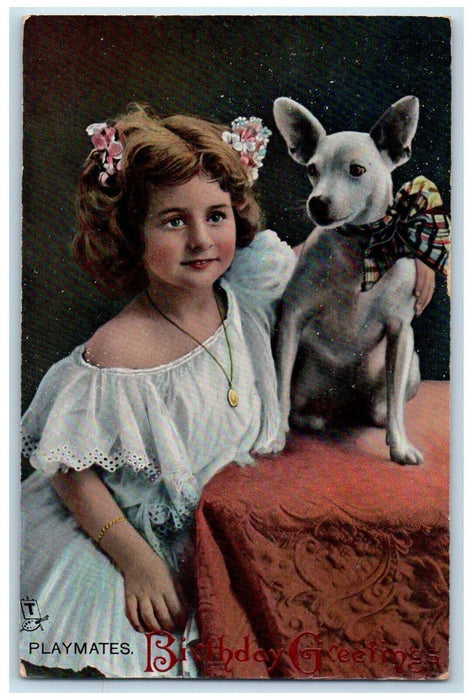 Birthday Greetings Girl Terrier Dog Studio Portrait Playmates Tuck's Postcard