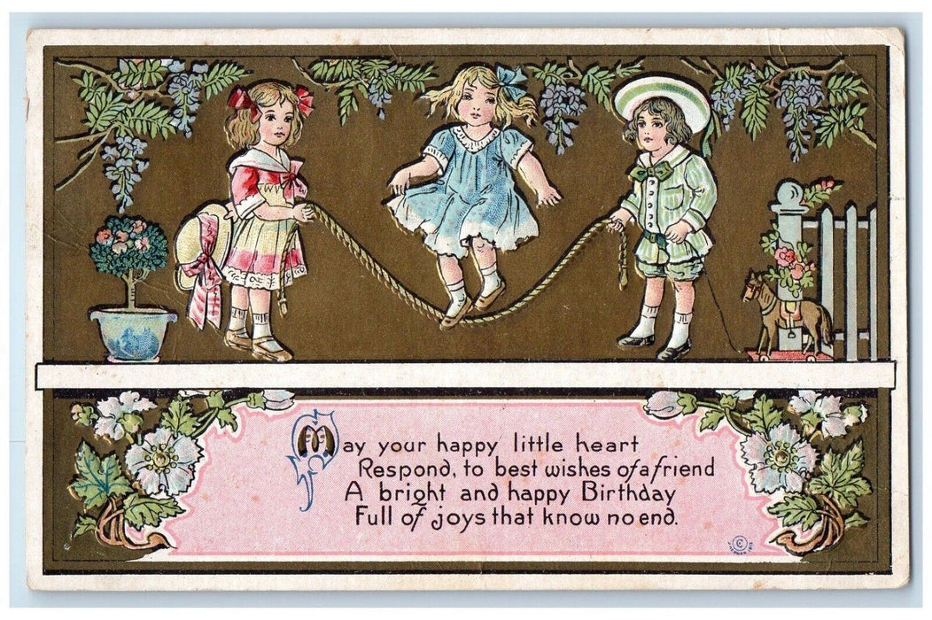 1927 Happy Birthday Children Playing Jumping Rope Horse Toy Flowers Postcard