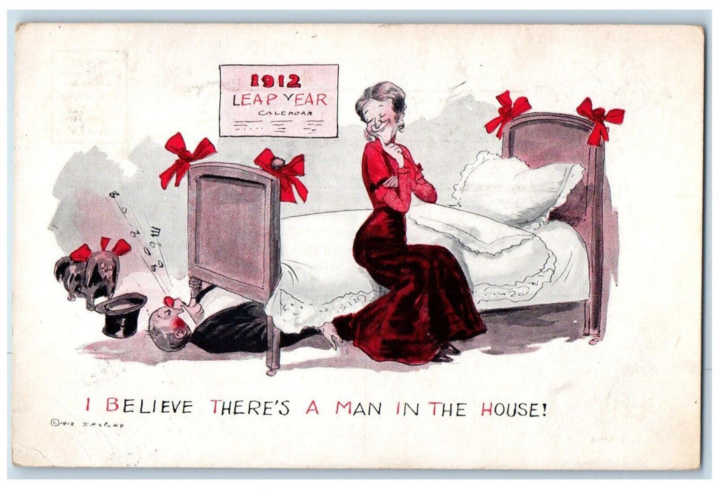 1912 Leap Year Calendar Woman I Believe There's A Man In The House Dog Postcard