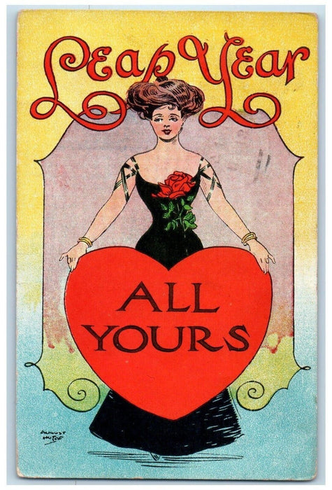 1908 Leap Year Pretty Woman Big Heart All Yours Lapeer Michigan MI Postcard