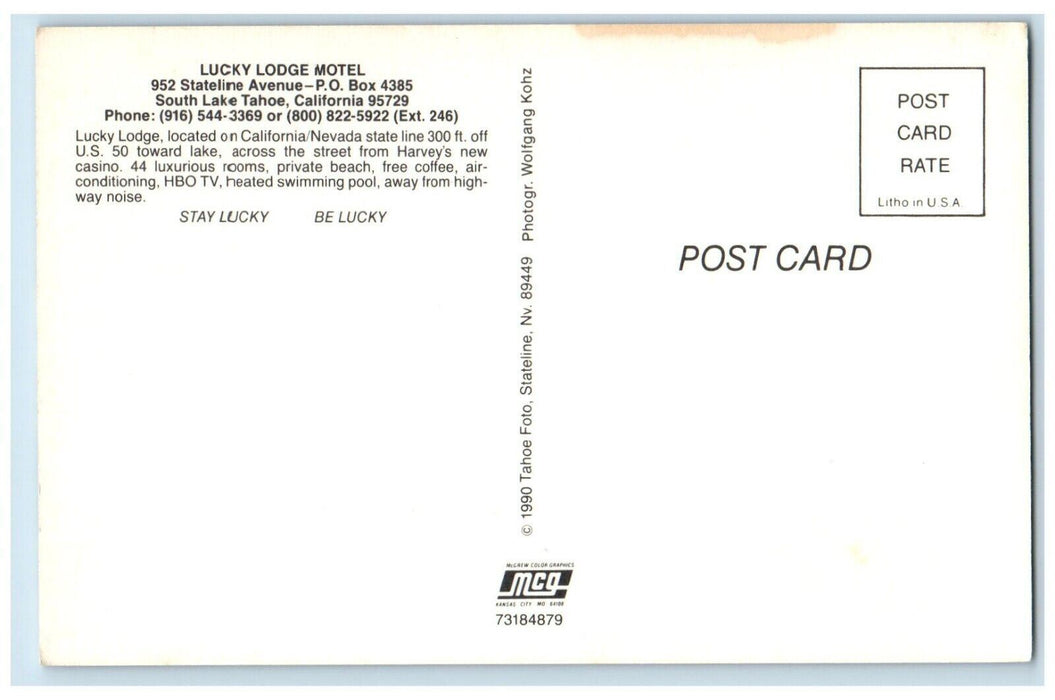 c1960 Lucky Lodge Motel Stateline Avenue South Lake Tahoe California CA Postcard