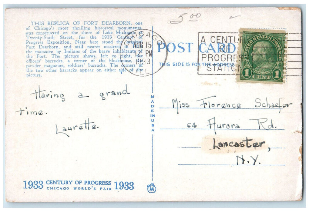 1933 Interior View Fort Dearborn Chicago World's Fair Illinois IL Postcard