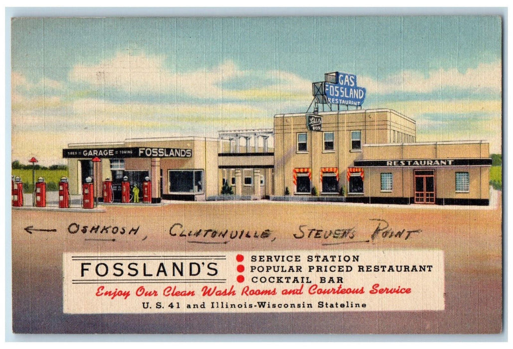 1947 Fossland's Restaurant Cocktail Bar And Service Station Chicago IL Postcard