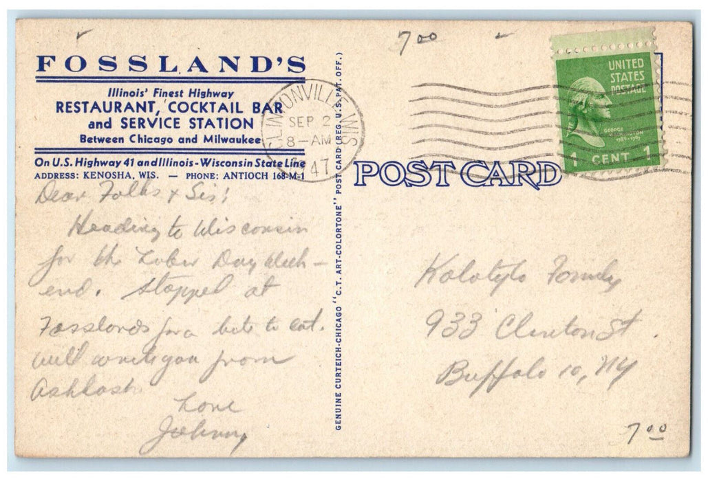 1947 Fossland's Restaurant Cocktail Bar And Service Station Chicago IL Postcard