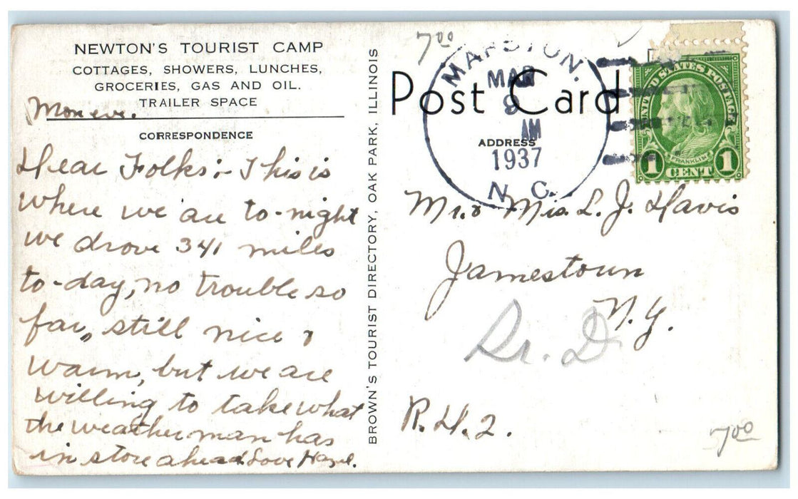 1937 Newton's Tourist Camp Service Station Marston North Carolina NC Postcard