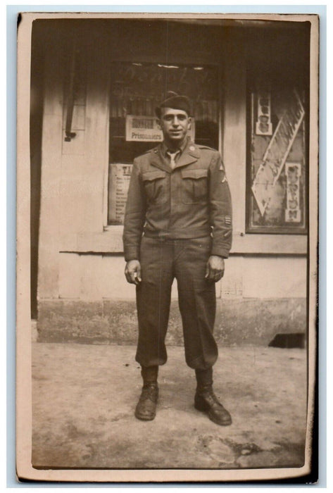 1945 US Army Soldier Uniform Boots WWII Belgium RPPC Photo Unposted Postcard