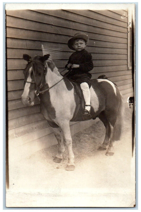 c1910's Child Boy Horse Pony Hat US Flag Saddle RPPC Photo Unposted Postcard
