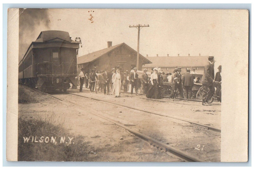 1908 Railroad Train Station Depot Caboose Bicycle Wilson NY RPPC Photo Postcard
