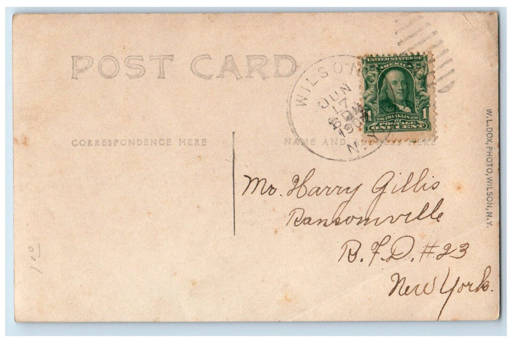 1908 Railroad Train Station Depot Caboose Bicycle Wilson NY RPPC Photo Postcard