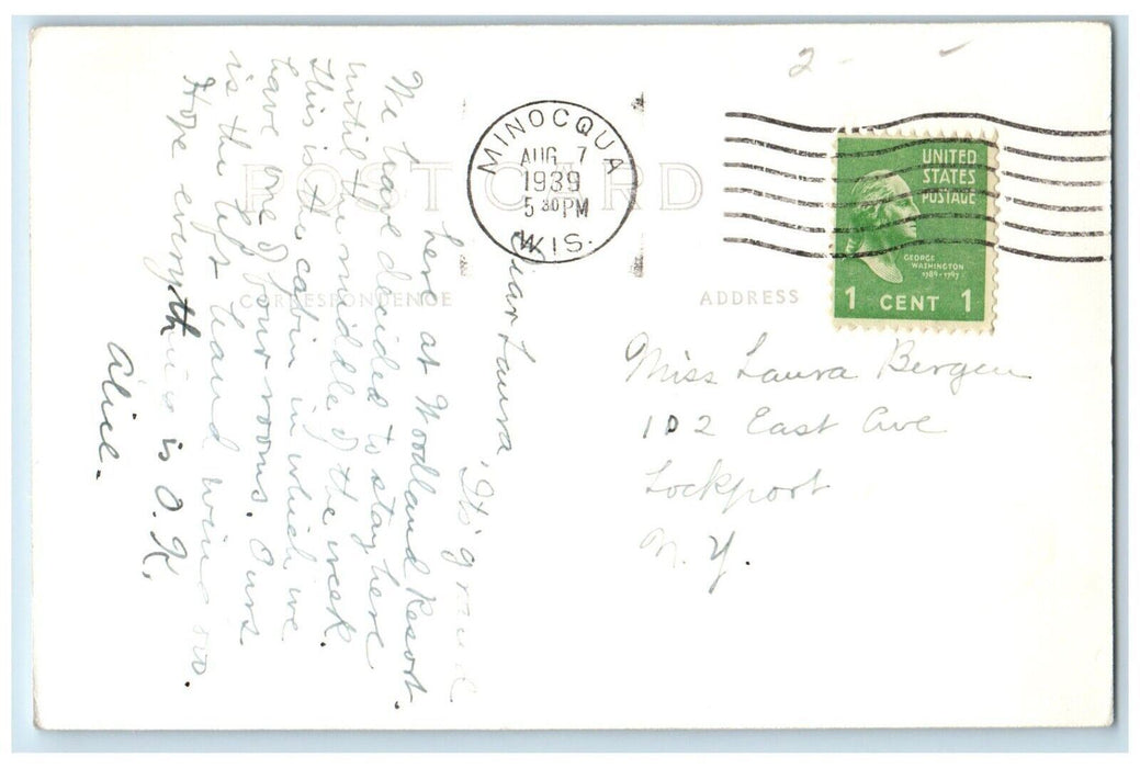 1939 Woodland Resort Cabin Minocqua Wisonsin WI RPPC Photo Posted Postcard