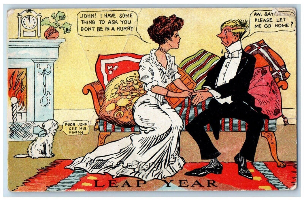 1908 Leap Year Man Cheating Cute Dog Fireplace Clock Posted Antique Postcard