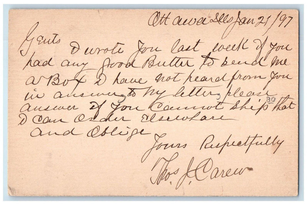 1897 Butter Order Amana Society Ottawa Illinois IL South Amana IL Postal Card