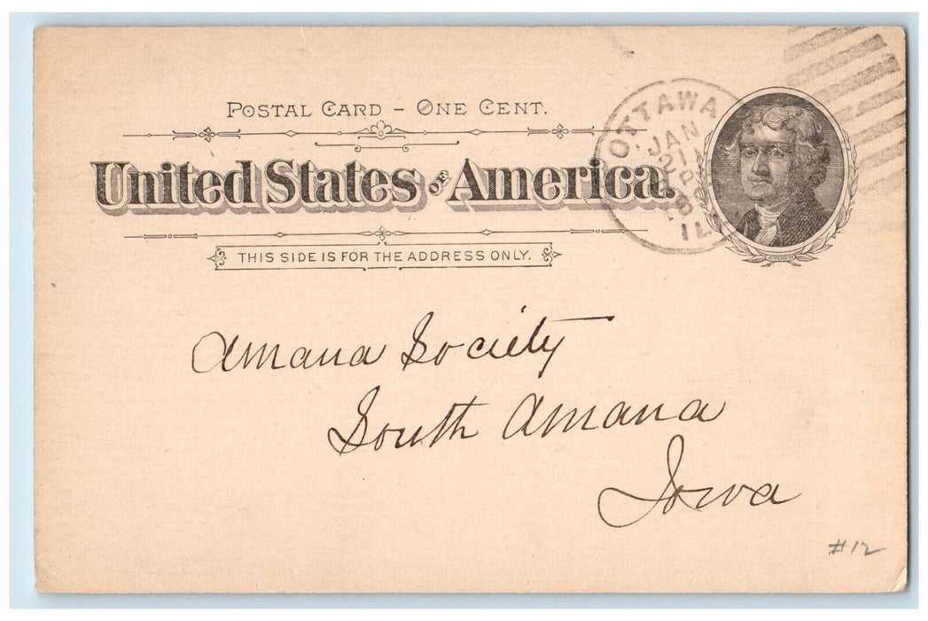1897 Butter Order Amana Society Ottawa Illinois IL South Amana IL Postal Card