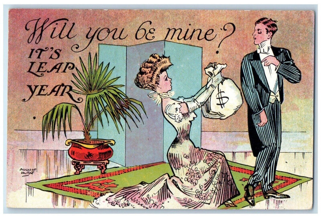 Leap Year Woman Benden Knee Offering Sack Of Coins Will You Mary Me Postcard