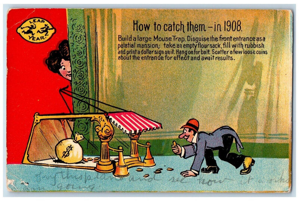 Leap Year Woman Build A Large Mouse Strap Man Thief Coins Detroit MI Postcard