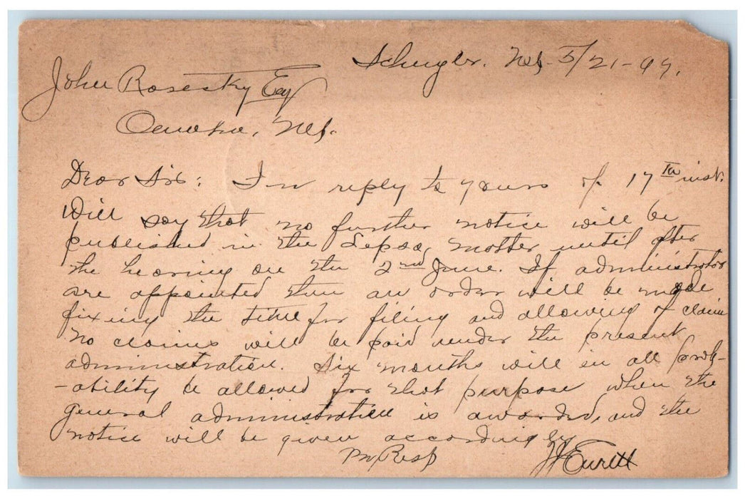 c1880's Letter from John Rosesky General Administrative Schuyler NE Postal Card