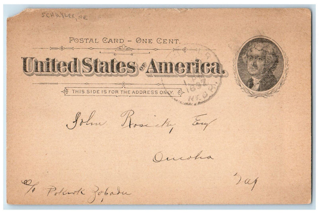 c1880's Letter from John Rosesky General Administrative Schuyler NE Postal Card