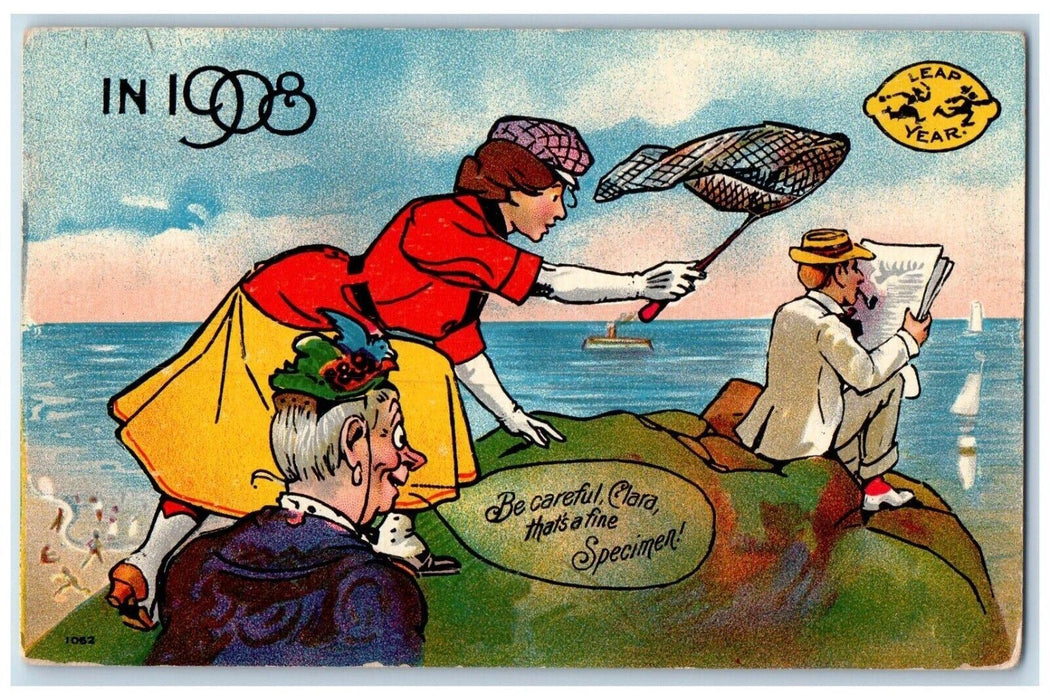 1908 Leap Year Woman With Fishing Net Man Pipe Newspaper Massilon OH Postcard