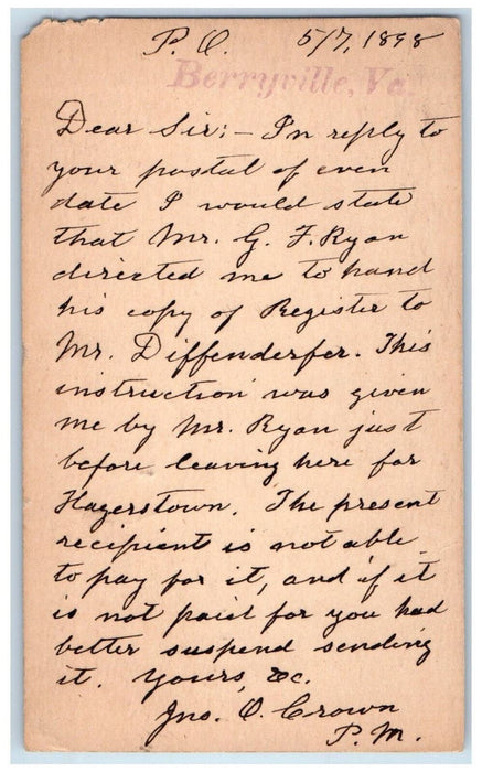 1898 Register Copy GF Ryan Berryville VA Shepherdstown WV Postal Card